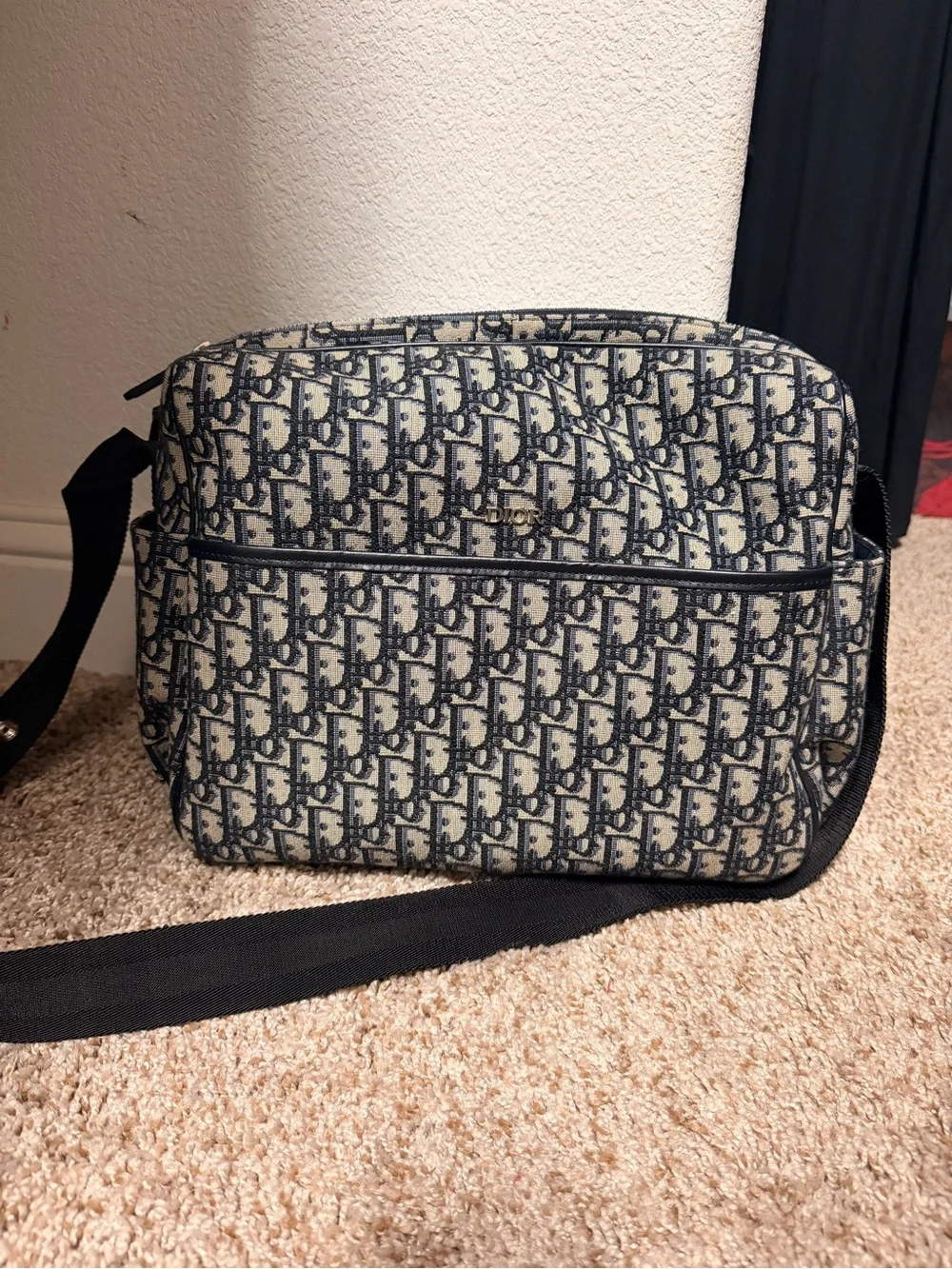 Dior Oblique Messenger Bag in Navy and Beige with Black Strap